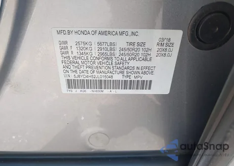 2018 Acura Mdx Technology Package Acurawatch Plus Pkg from USA, damaged, VIN 5J8YD4H52JL015048